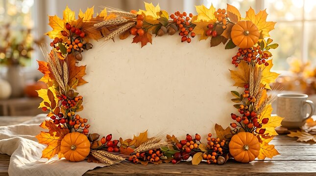 Autumn foliage frame with pumpkins and blank space for text