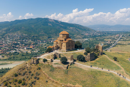 Aerial view of Jvari Monastery on a hilltop overlooking the confluence of the Aragvi and Mtkvari rivers with the town of Mtskheta Mtskheta, Mtskheta-Mtianeti, Georgia.