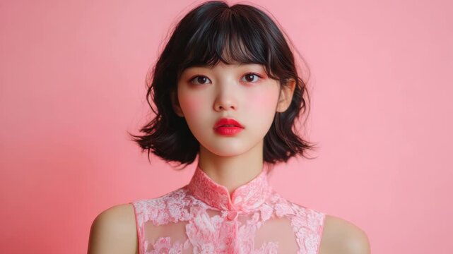 Portrait of a Young Woman in a Pink Lace Qipao
