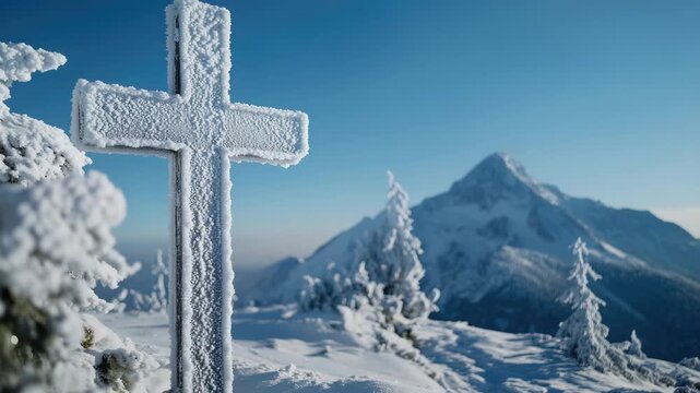 Frosty Wooden Cross in a Snowy Mountain Landscape