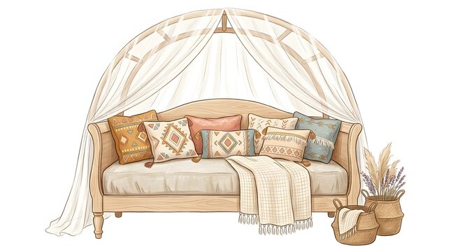 Boho Canopy Daybed Sofa with Ethnic Pattern Pillows Blanket and Dried Pampas Grass Decor Artwork