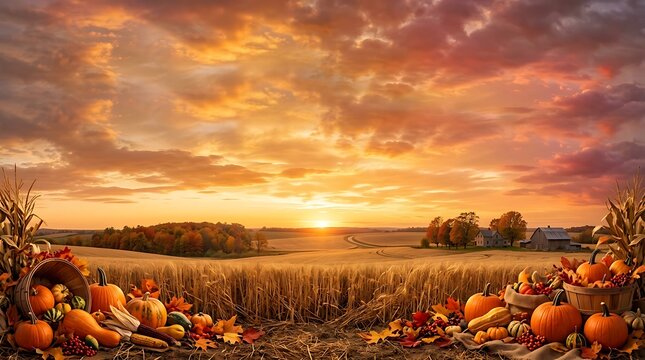 Autumn pumpkin patch at sunset with colorful sky and golden light