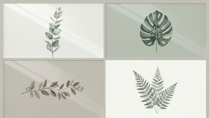 Obraz premium Four botanical featuring eucalyptus, monstera, olive, and fern foliage