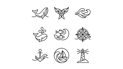 Obraz premium Collection of nine minimalist nautical and sea life icons.