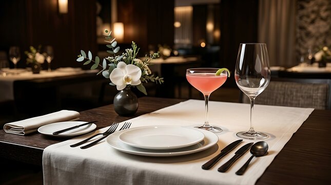 Cocktail on dining table in upscale restaurant with white tablecloth and fine silverware
