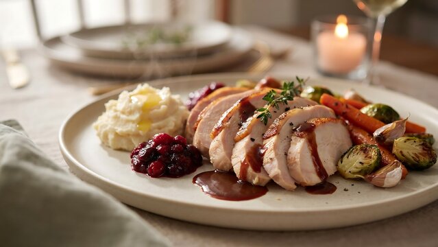 Festive thanksgiving dinner platter with roasted turkey and sides