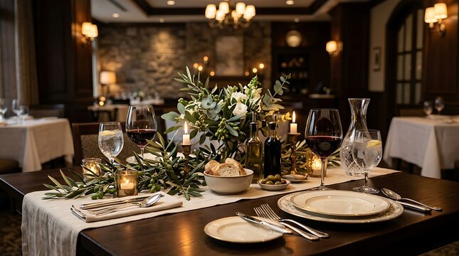 Elegant dining table setup with candles, wine glasses, and floral centerpiece in restaurant