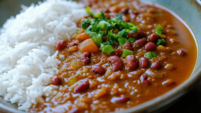 Close-up of white rice and hearty bean stew with green onion garnish
