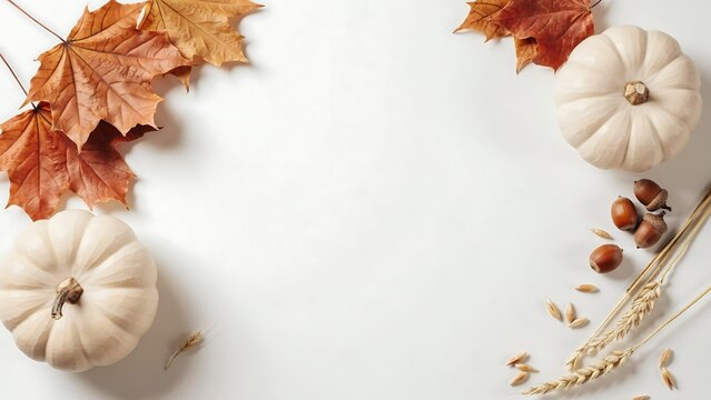 Autumn pumpkins and colorful maple leaves on a white background