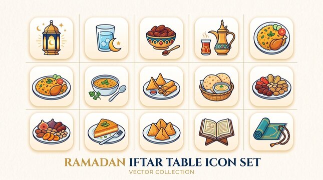 Ramadan iftar meal flat lay icon set with traditional dishes and lantern decor