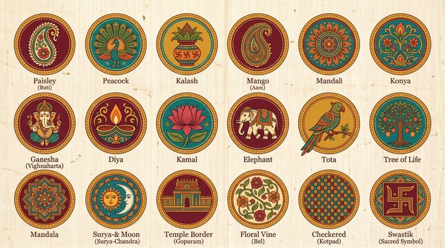 Set of 16 vibrant traditional Indian saree border patterns in circular frames for textile design