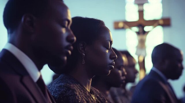 Solemn African American Couple in Prayer at a Church Ceremony