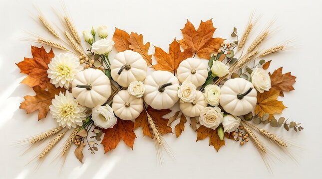 Autumn floral arrangement with cotton and dried flowers on white background