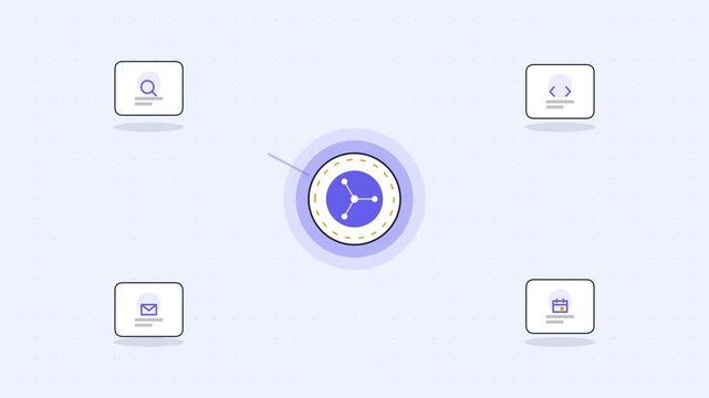 AI orchestrator hub network animation. Central command node coordinating connected AI agent nodes with glowing data links for multi-agent system concept. Seamless loop motion graphic in 4k