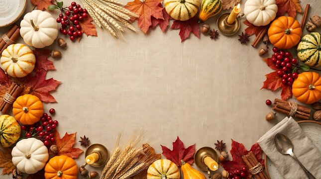 Autumn harvest border with pumpkins and fall foliage