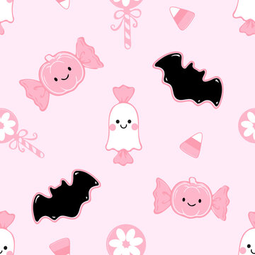 Seamless Halloween candy pattern featuring smiling wrapped sweets, friendly ghost candy, black bats, candy corn, and round peppermint treats on a soft pastel pink background in playful flat vector.