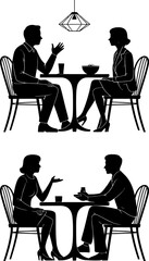 Fototapeta premium Silhouette of man and woman sitting at cafe table having a conversation, romantic date or business meeting in restaurant setting, 