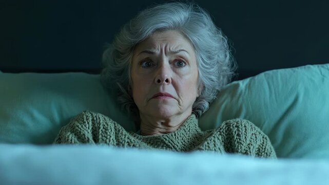 Worried Elderly Woman with Gray Hair Looking Anxious in Bed