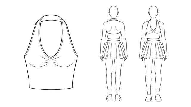 women halter neck sport design template, cheerleading or tennis mockup for sports club. uniform front and back view illustration for technical fashion sketch garment development.