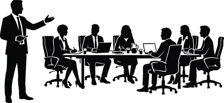 Silhouette of businessman giving presentation to professional team sitting at boardroom table in office meeting room for corporate strategy, planning,
