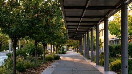 Fototapeta premium A covered walkway with trees and modern columns under warm sunlight creating a calm urban pathway scene