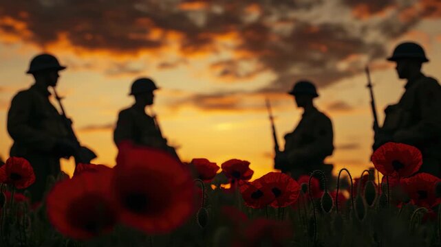 Silhouetted Soldiers in a Poppy Field at Sunset