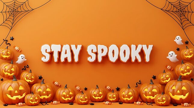 Stay spooky halloween message surrounded by glowing jack o lanterns