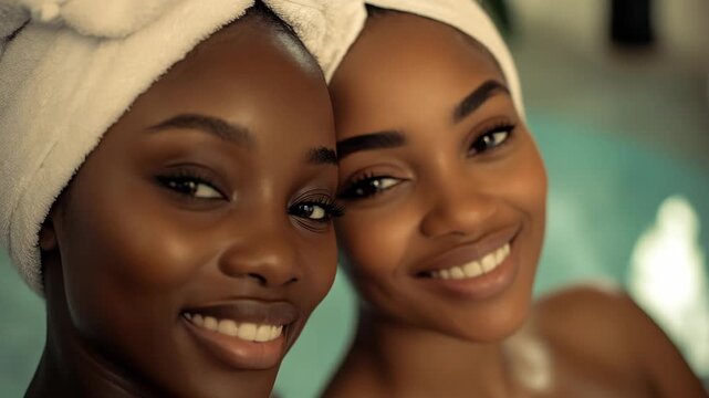 Smiling African American Women with Towel Wraps at a Spa