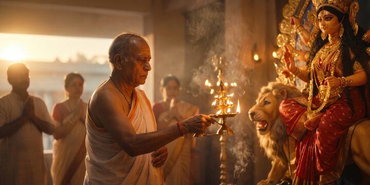 Maa Durga Aarti &mdash; Priest Performing Worship in Temple