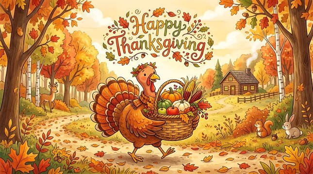 Festive turkey in autumn forest with happy thanksgiving typography