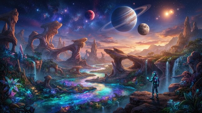 A lone astronaut stands on a fantastical alien landscape beneath a vibrant, star-filled sky.