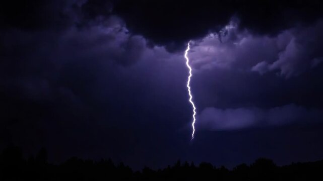 Dramatic Lightning Strike from Dark Clouds in a Purple Night