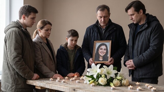A grieving family standing in silence while holding a portrait of their lost loved one surrounded by flickering candles and white funeral flowers