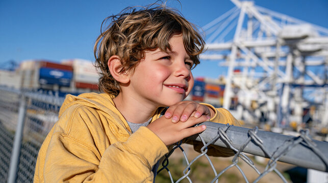Young child peering up at towering freight shipping containers stacked in a busy port terminal, small hands pressed against a chain-link fence, sterile sky above the industrial scene as massive cran