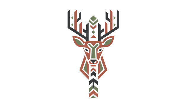 Tribal geometric illustration of a stag or deer head with large antlers in earthy green and brown tones.