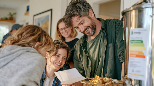 A brewer family crowds a modest farmhouse kitchen examining a new batch of grain mash, energy efficiency gap audit sticker on the fermenter, relatives leaning in with curiosity, homemade craft brewe