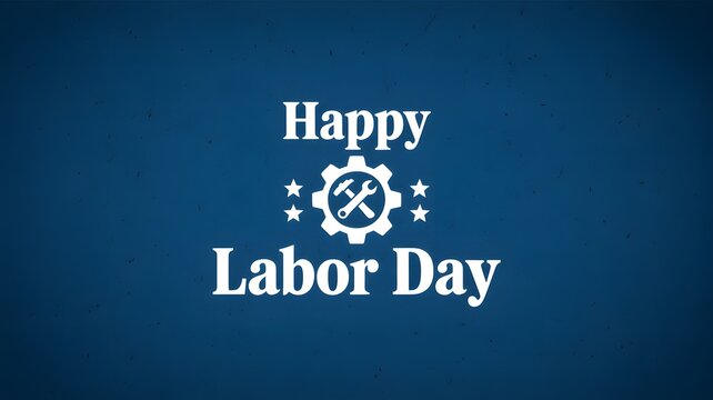 Happy labor day greeting card design with a white gear icon and tools on blue background