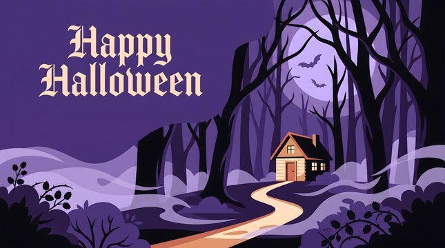 A spooky happy halloween greeting card featuring a mysterious glowing house in a dark purple forest under a full moon