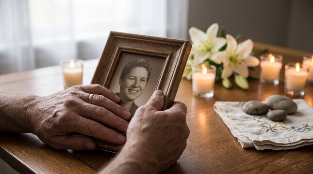 Senior Person Holding A Framed Portrait In Loving Memory With Candles And Flowers For A Peaceful And Reflective Remembrance Tribute