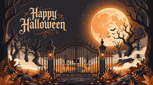 A spooky graveyard scene with a large full moon and iron gates wishing everyone a very happy halloween holiday celebration