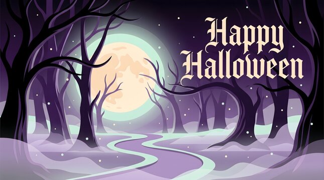 A spooky forest scene with a large glowing full moon and the text happy halloween written in a gothic font