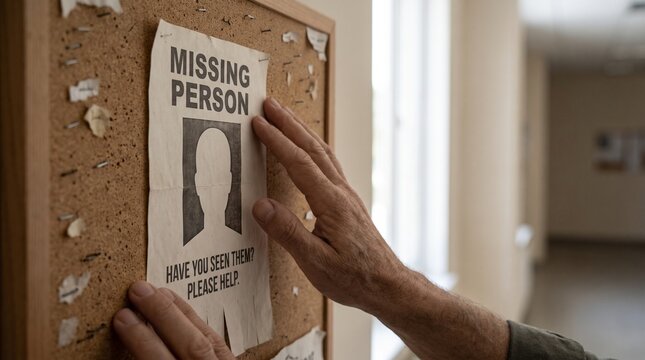 A person's hands pinning a missing person flyer with an anonymous silhouette onto a corkboard