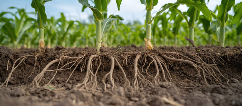 Cross section view of corn Zea mays plants showing underground roots system in fertile soil field agriculture closeup concept for botany biology education study food production research and nature bac