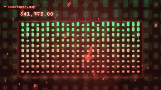 Digital cryptocurrency market crash animation with falling price numbers and red bearish financial data