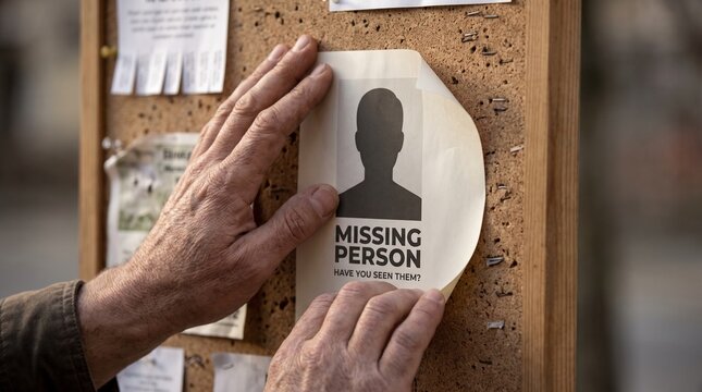 A solemn act of posting a vital public notice for a lost individual, a silhouetted appeal carefully affixed to a community corkboard, representing a desperate search for someone missing