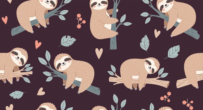Cute sloth seamless pattern features sleepy forest animals hanging from tree branches surrounded by small hearts and leaves on dark.