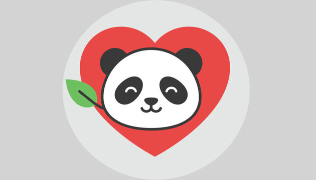 Cute illustration of a smiling baby panda head set inside a large red heart with a green leaf, ideal for children and wildlife designs.