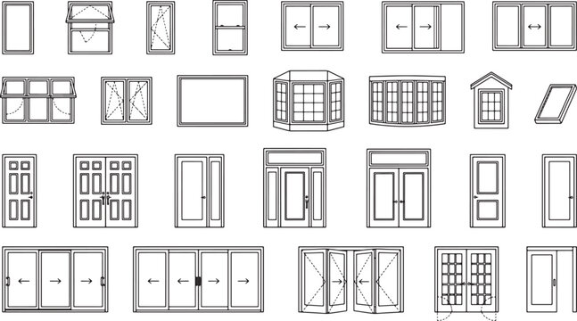 Set of architectural window and door line art icons for building design and construction planning