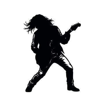 Dynamic black and white silhouette of a rock guitarist with long hair playing electric guitar on white background