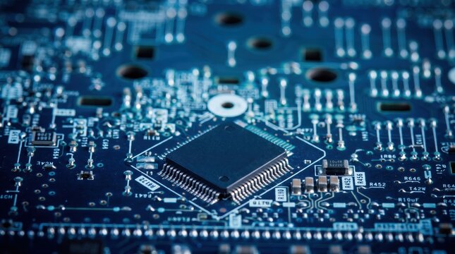 Close up macro shot of blue printed circuit board with central microprocessor chip, electronic components, resistors and capacitors, representing advanced computer hardware